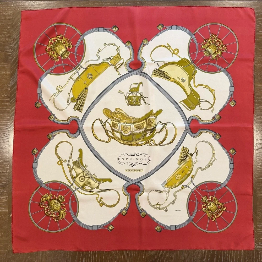 Hermes Silk Scarf 90 Carré Gold Red Equestrian Hand Rolled Made in France